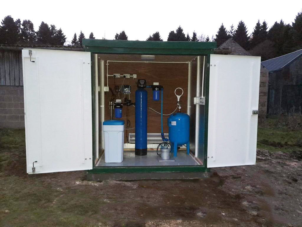 Borehole water supply system housed in an outdoor Unit called a Borehome. This shows all the components of the system and electrical power points.