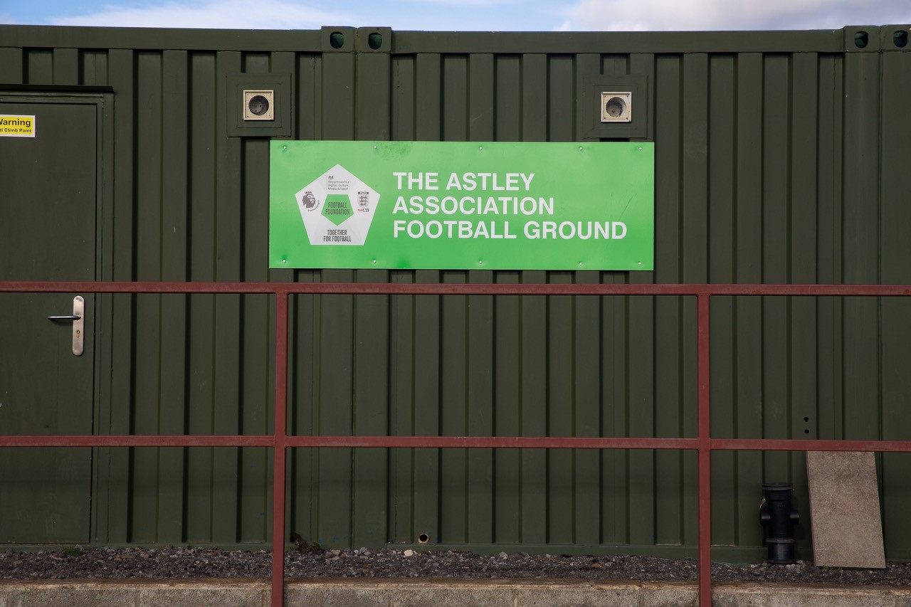 Astleys Association Football Grounds changing rooms with the sign for the football ground on show.