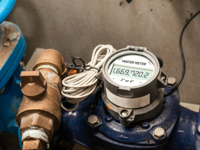 Looking into the face of a Water Meter with the digital reading showing.